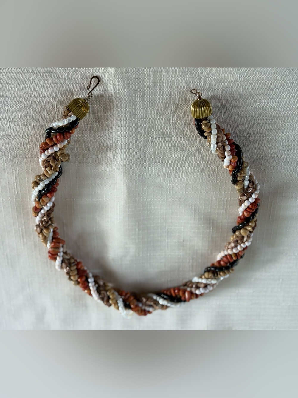 🦋 Braided Bead Necklace in White, Tan & Black